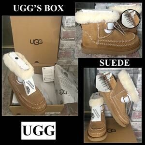 Ugg Mini Classic Brush Suede Chestnut Sheepskin Collar Alpine Boot Size: 8 NWBox